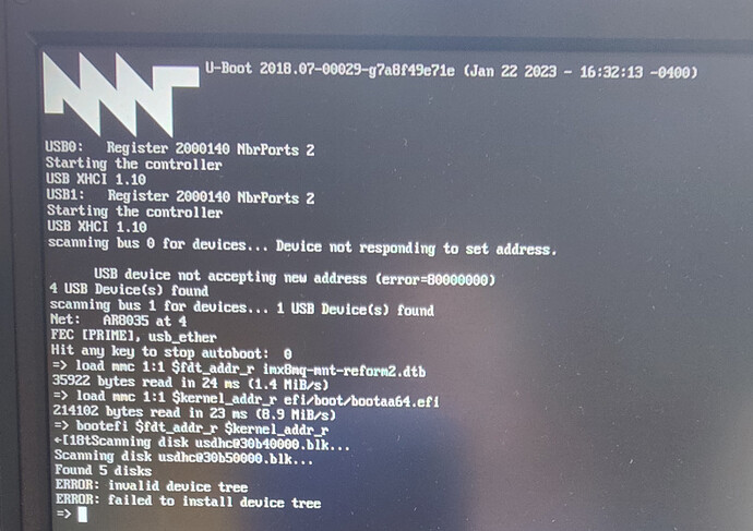 Photograph of uboot console errors.